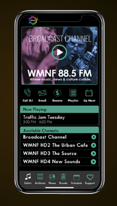WMNF 88.5 FM mobile app broadcast channel screen